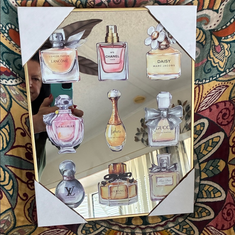Designer Perfume Bottle Stocker Art Print on mirror nwt Framed